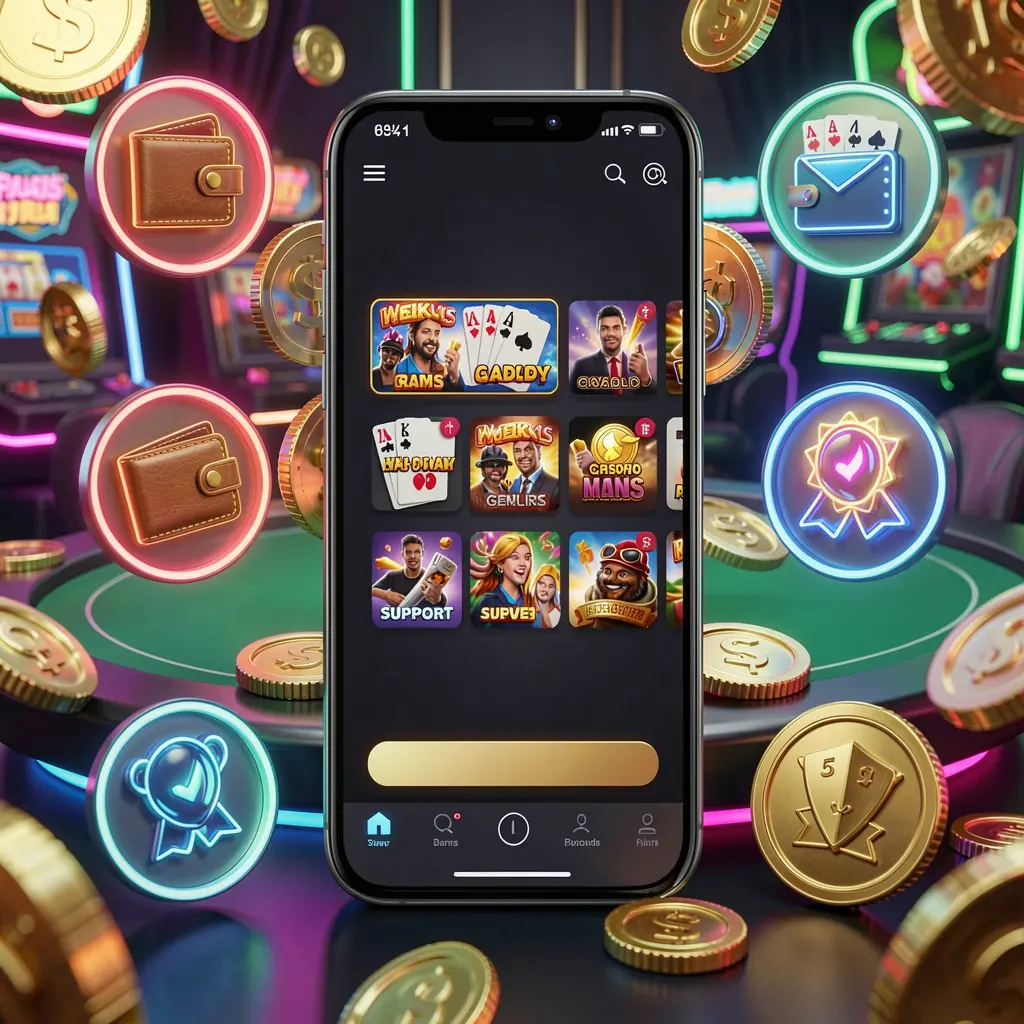 DJ77 online casino app features displayed on a smartphone surrounded by icons for wallet, games, support, and rewards with golden coins and neon lights in a luxury 3D render