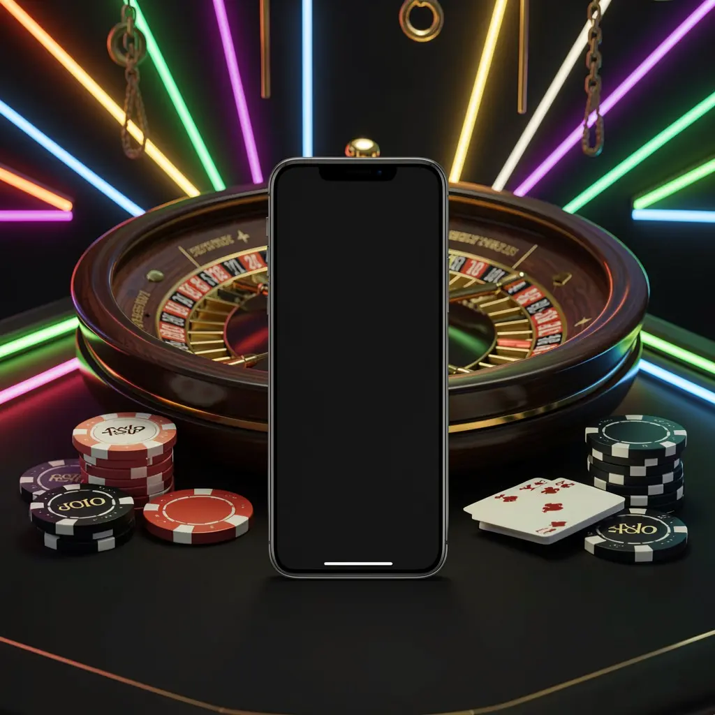 DJ77 mobile casino application scene featuring a phone in the center with a roulette wheel and poker chips in the background, illuminated by glowing neon lights in a premium black and gold style