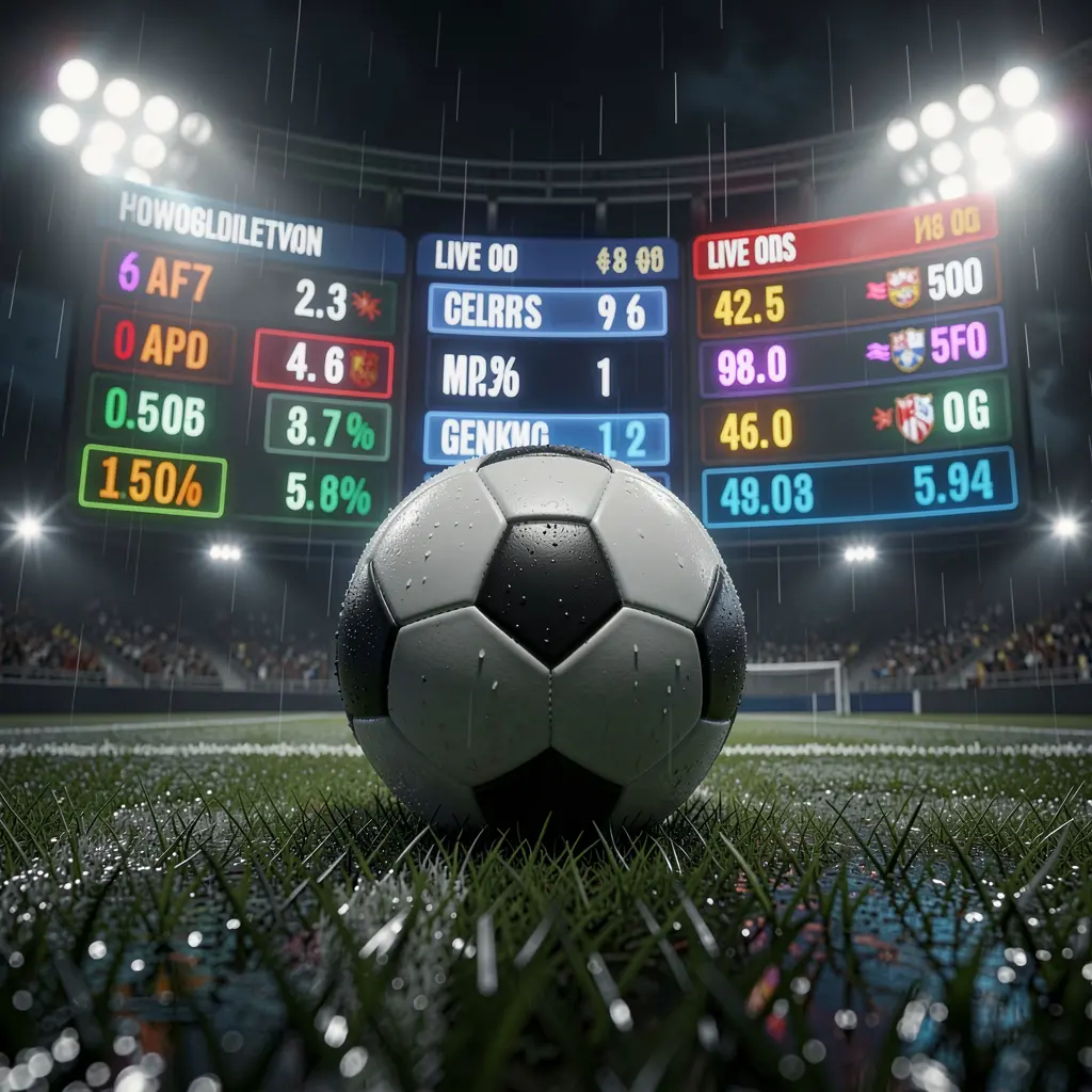DJ77 football betting page banner featuring a soccer ball on wet grass under dramatic stadium lights with glowing live odds graphics in a premium dark sports atmosphere