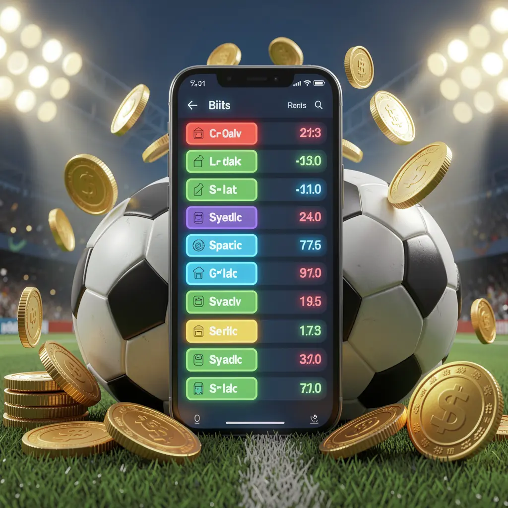 DJ77 modern football betting visual with smartphone displaying glowing sports odds interface, soccer ball, golden coins, and stadium lights in a premium 3D illustration