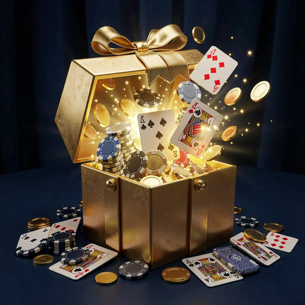 A luxurious welcome bonus scene for DJ77 online casino featuring an open golden gift box with casino chips, playing cards, and sparkling coins bursting out against a premium dark blue and black background with a bright golden glow in an elegant festive mood