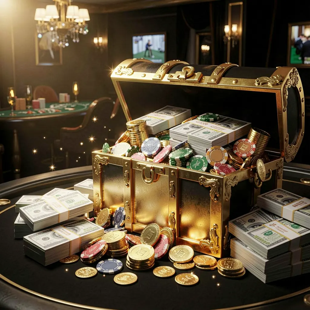 DJ77 casino rewards scene featuring a golden treasure chest overflowing with chips, cash bundles, and sparkling coins in an elegant black and gold style with dramatic lighting