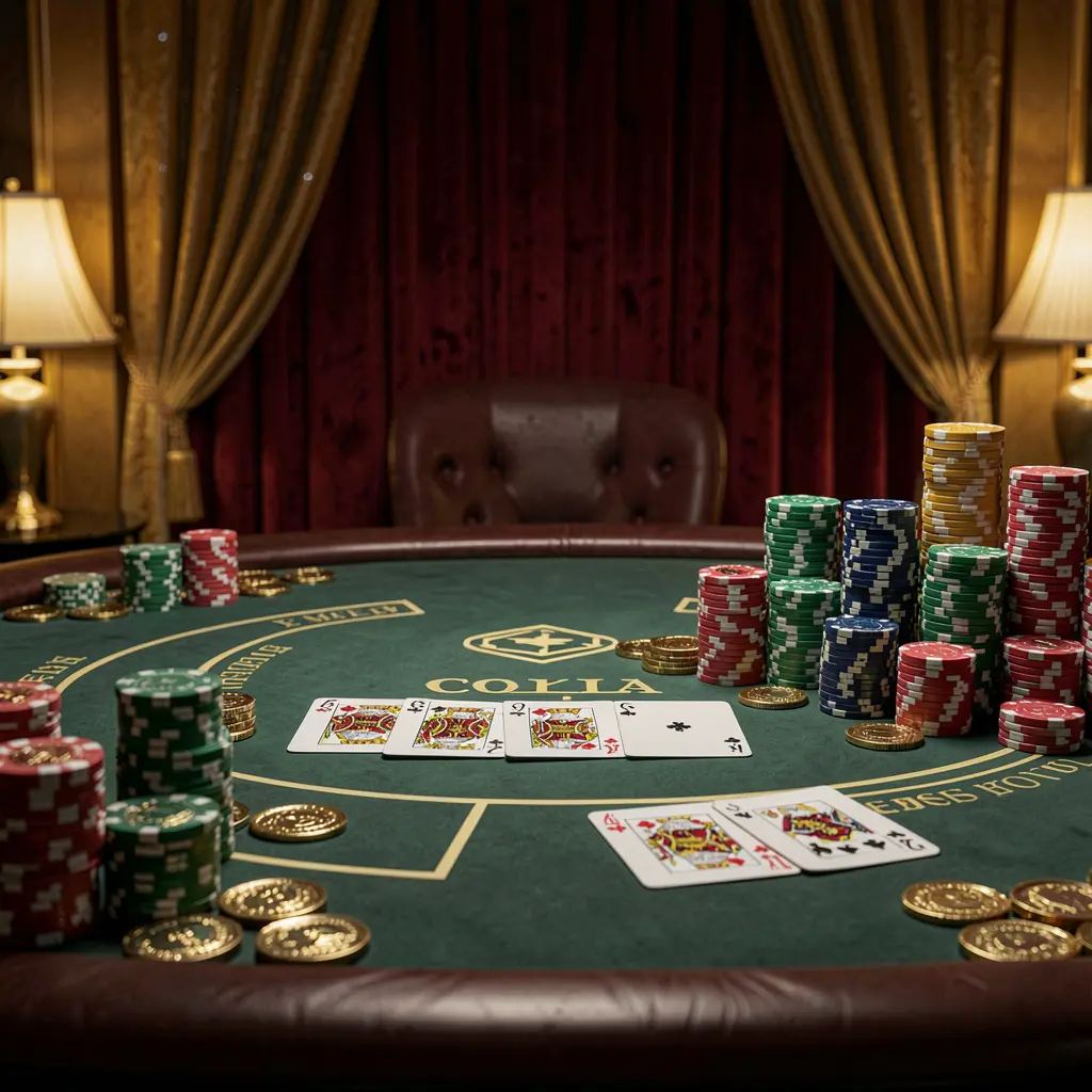 DJ77 luxury casino scene featuring a blackjack table with poker cards, stacks of chips, and sparkling coins against a dark red and gold background in a cinematic realistic style