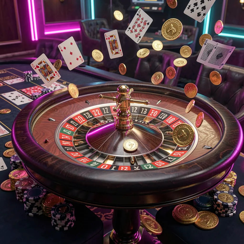 DJ77 premium casino gaming scene featuring an elegant roulette table with chips and cards, golden coins flying in the air under dramatic neon lighting in a high detail 3D render