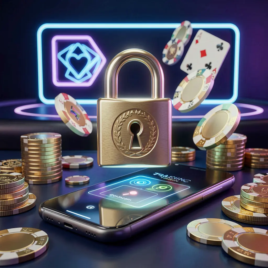 DJ77 casino login security image featuring a glowing padlock floating above a smartphone with golden coins and chips scattered around on a dark blue neon background DJ77 casino login security image featuring a glowing padlock floating above a smartphone with golden coins and chips scattered around on a dark blue neon background