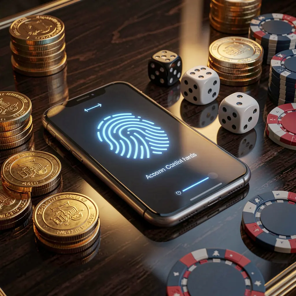 DJ77 online gaming account access scene showing a smartphone with a glowing fingerprint icon surrounded by golden coins, dice, and poker chips on a glossy table with cinematic lighting DJ77 online gaming account access scene showing a smartphone with a glowing fingerprint icon surrounded by golden coins, dice, and poker chips on a glossy table with cinematic lighting