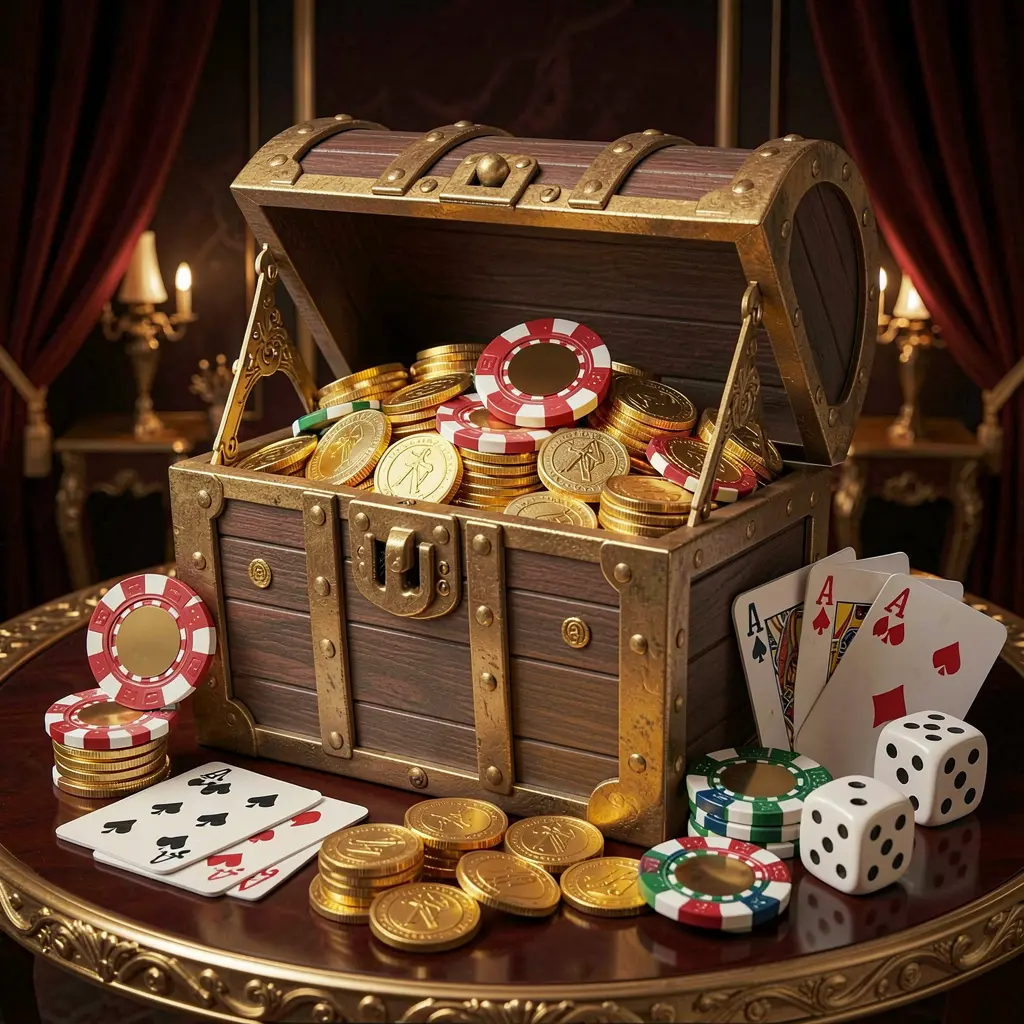 DJ77 online casino welcome banner featuring a treasure chest filled with golden coins and casino chips, with playing cards and dice nearby against a dark luxury background creating a festive premium atmosphere DJ77 online casino welcome banner featuring a treasure chest filled with golden coins and casino chips, with playing cards and dice nearby against a dark luxury background creating a festive premium atmosphere
