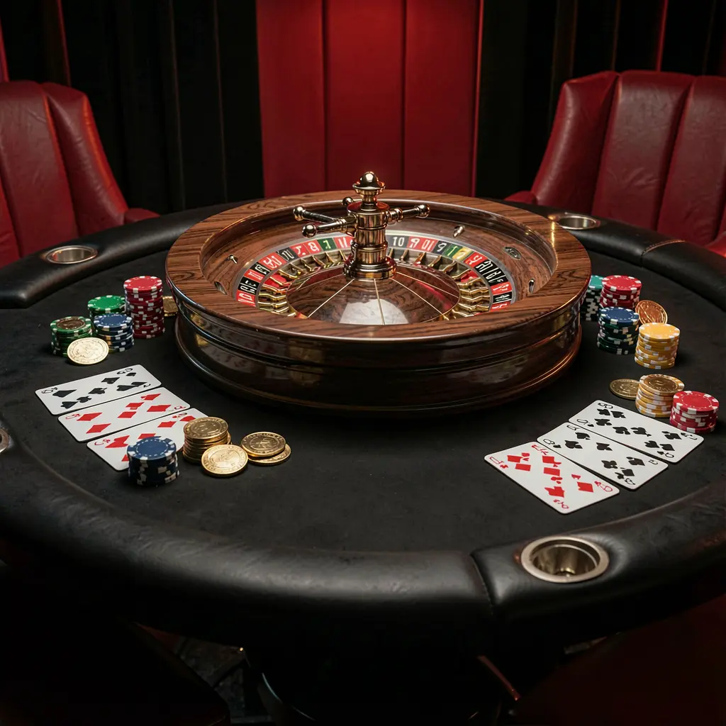 Elegant gaming table featuring roulette, blackjack cards, poker chips, and coins with luxury cinematic lighting on a black and red background, showcasing the DJ77 online casino platform. Elegant gaming table featuring roulette, blackjack cards, poker chips, and coins with luxury cinematic lighting on a black and red background, showcasing the DJ77 online casino platform.